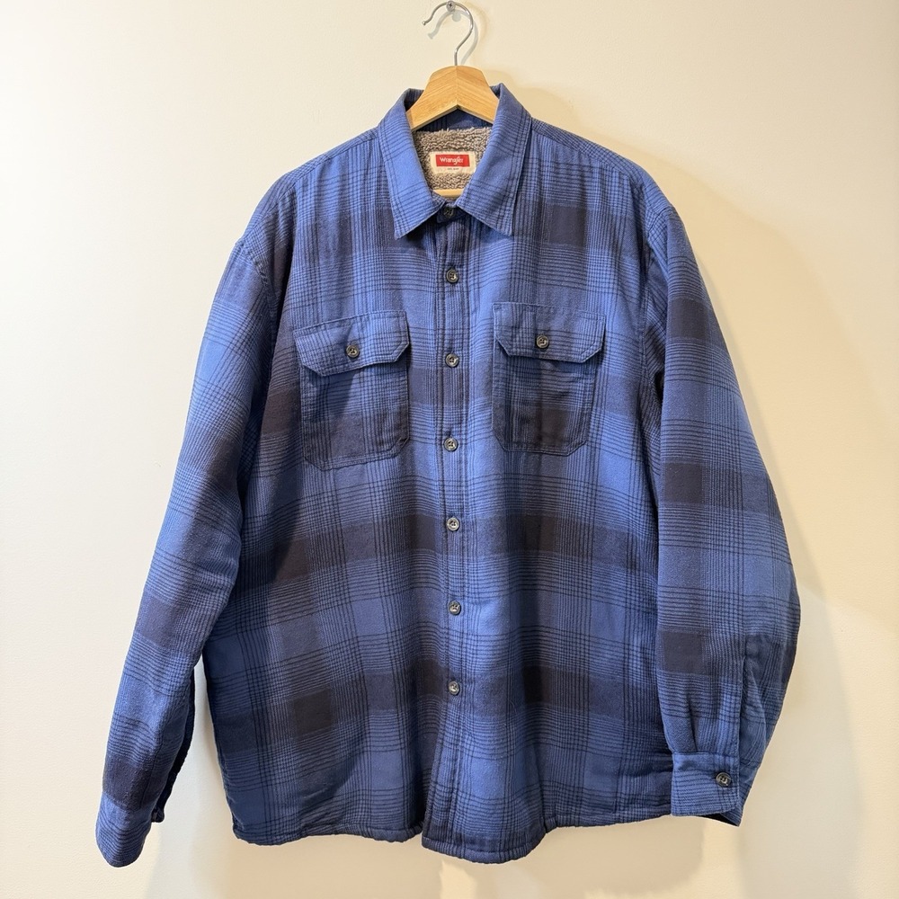 Wrangler Authentics Sherpa Lined Flannel Shirt Jacket Blue Plaid Mens Large Warm